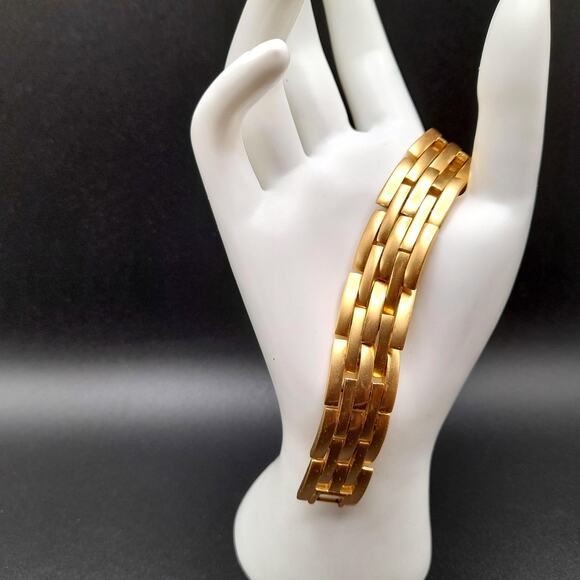 Vintage Monet Gold Plated Link Bracelet, Satin Finish, 7 1/2 Inches - Picture 2 of 10
